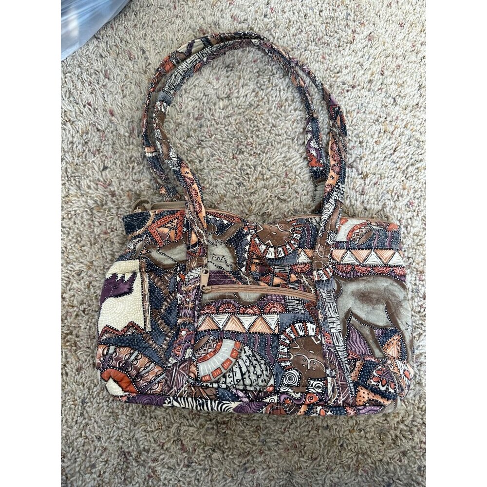 Quilted Fabric Handbag With African Safari Theme Animals Multicolor Double Strap